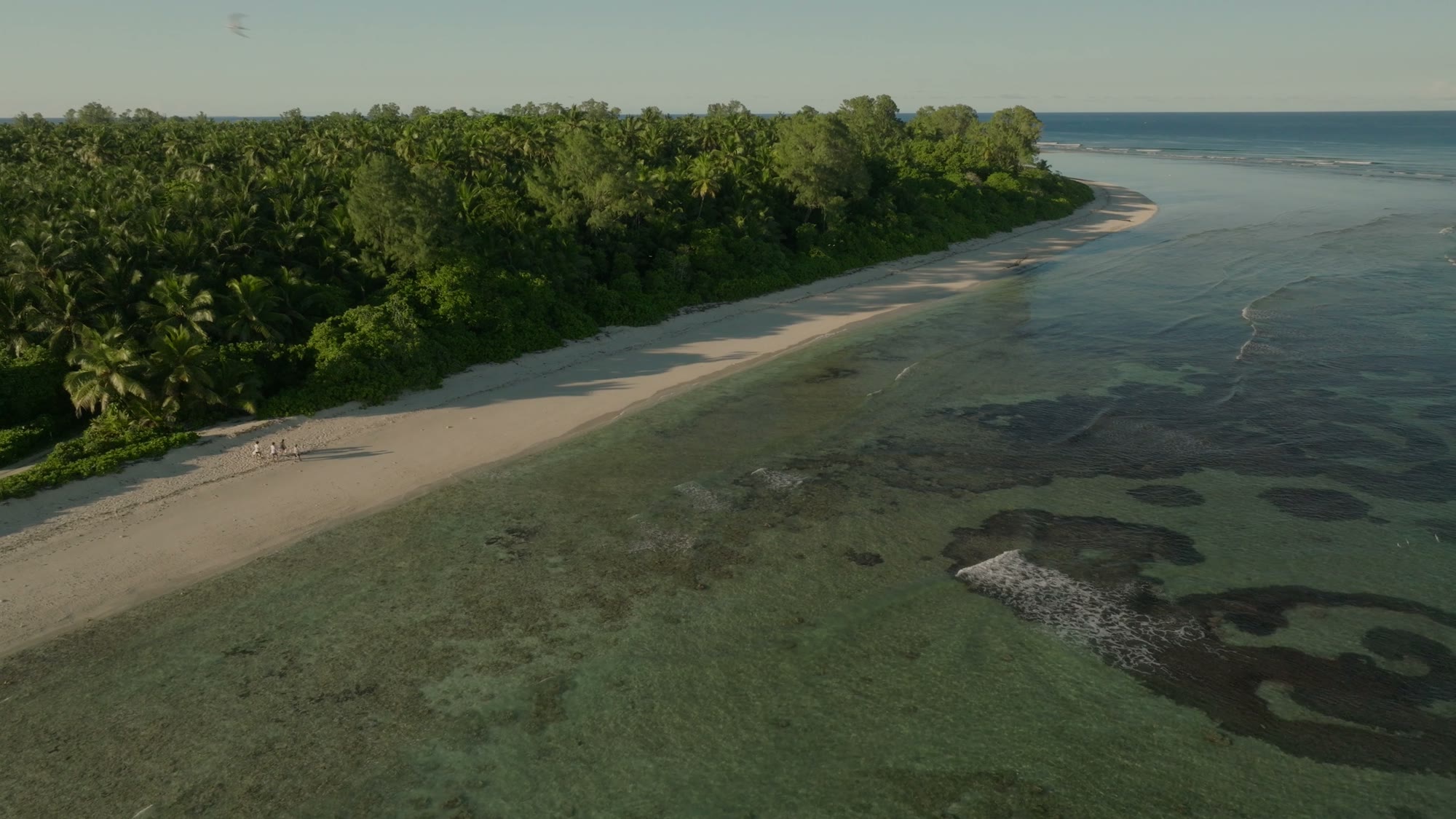 An aerial view of the island shoreline, sandbar and reef flats.